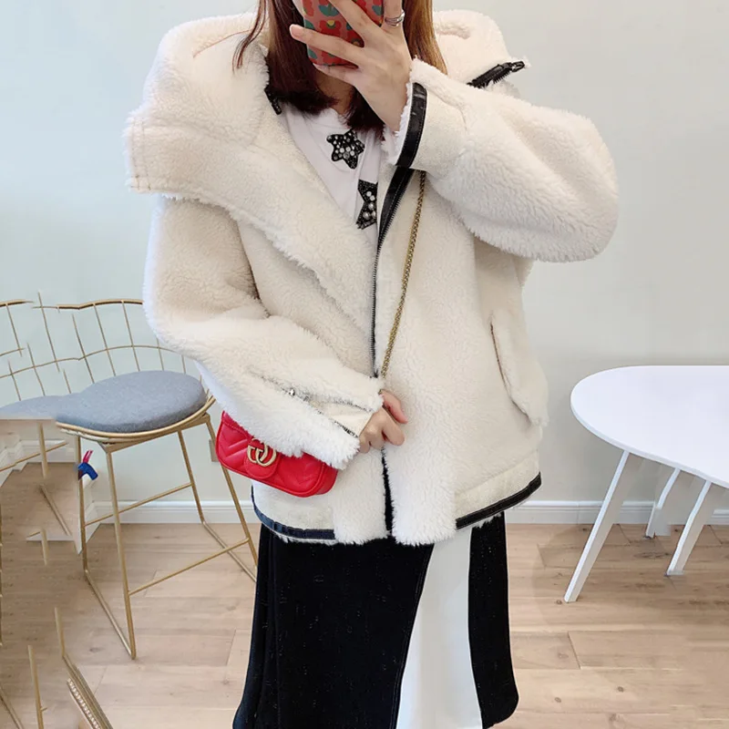 

2019 Winter New Style Wool Suede Leather Wool One-piece Coat Women's Korean-style Loose Warm Hooded Overcoat