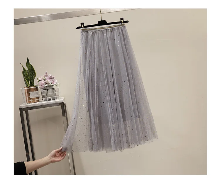 Sequin Star Mesh Dress Industrial Gauze Skirt Autumn And Winter Skirt Fairy Skirt CHIC Gentle Long Skirts
