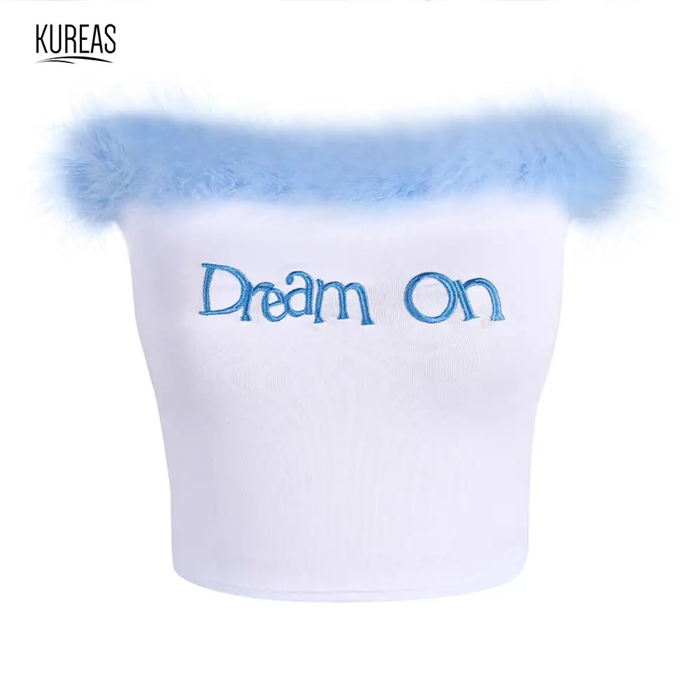 

Kureas Woman Sexy Strapless Vest Knitted Tank Tops Short Camisole Fashion Letter Print Fluffy Crop Top White