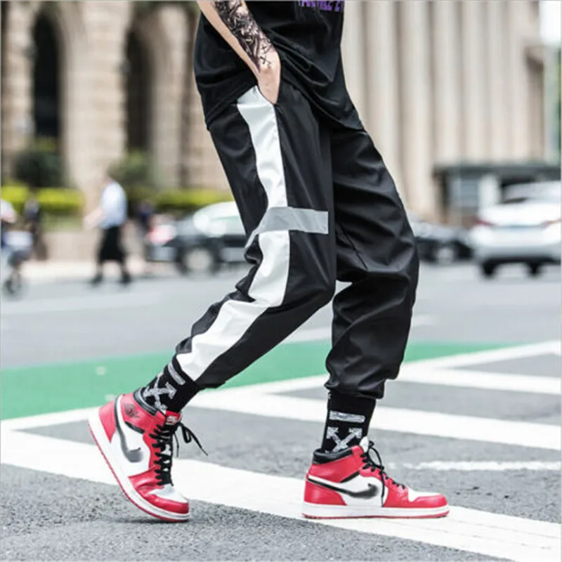 Hirigin Side Stripe Track Hip Pop Men s Long Patchwork Reflective Track Pants Joggers Elastic Waist 5
