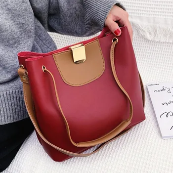 

2019 Women Designer Shoulder Messenger Bag Fashion New Winter Handbag High Quality Leather Color Matching Component Bucket Bags