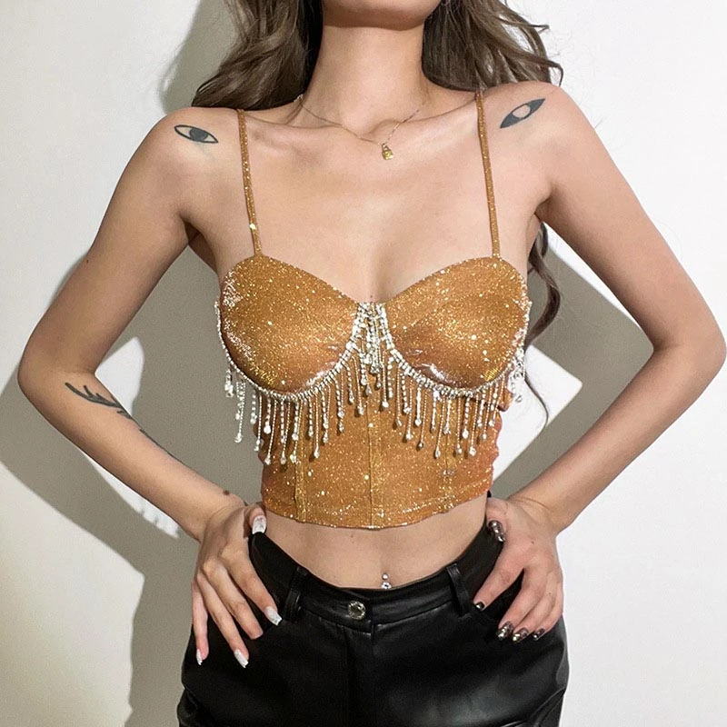 long camisole Summer 2022 Spring Women Bodycon Camis Rhinestone Tassel V-Neck Solid Corset Spaghetti Tees Street Vest Party Sexy Crop Tank Top half bra