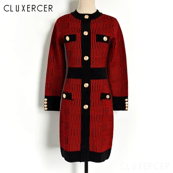

Vintage Red Plaid Dress Women Autumn Winter Houndstooth Long Sleeve Button Knitted Dresses Female Runway Bodycon Sweater Dress