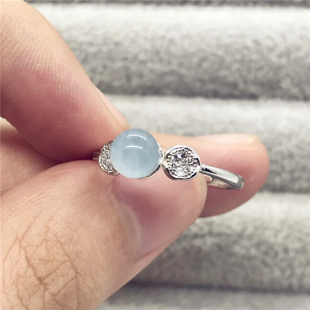 

6mm Natural Blue Aquamarine Crystal Ring Jewelry Women Female Lady Anniversary Beads 925 Silver Gemstone Adjustable Ring AAAAA