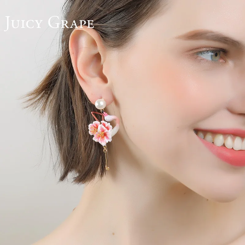 Сочные виноградные цветочные серьги в форме Фламинго женские жемчужные серьги-гвоздики, темпераментные серьги-гвоздики, серьги-гвоздики без ушей