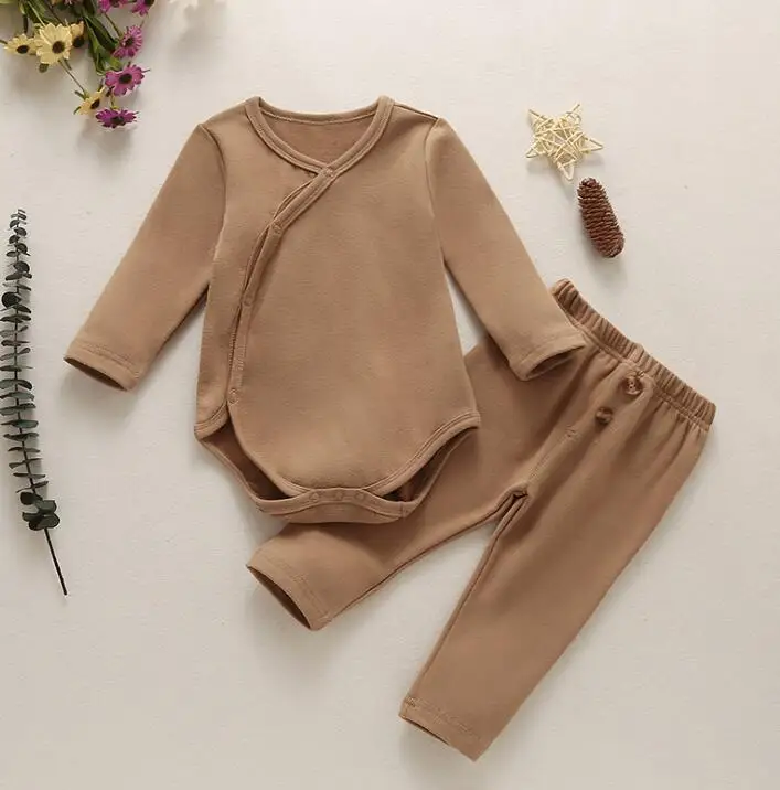 

Two Piece Babyâ€™s Clothes Suit Fashion Solid Color Oblique Buckle Long Sleeve Jumpsuit and Button Elastic Long Pants