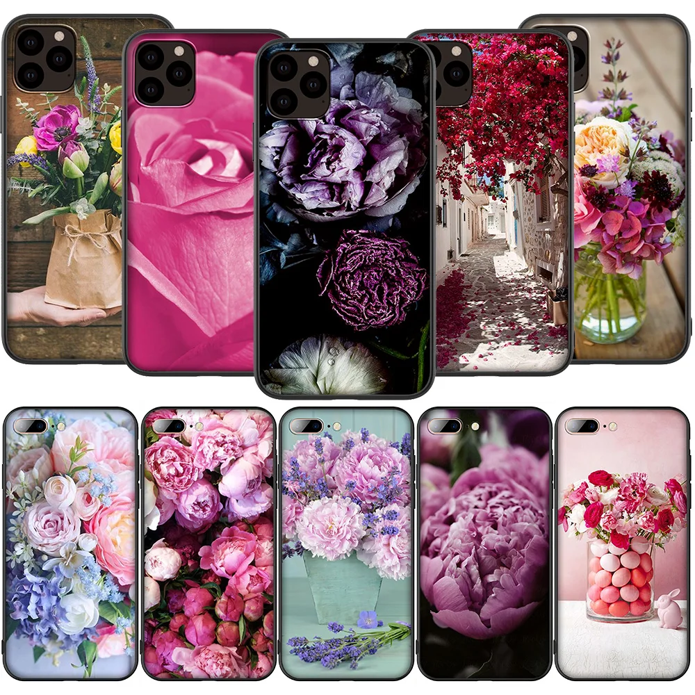 Чехол для iPhone 13 12 Mini 11 Pro XS Max XR X 8 7 6 6S Plus 5 5S SE 2020 с розовыми и фиолетовыми пионами T148 |