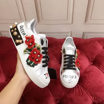 

Casual Flats Shoes Flower Graffiti Rivet Lace Up White Women Shoe Zapatos De Mujer Zapatos Designer Shoes Woman Luxury Brand