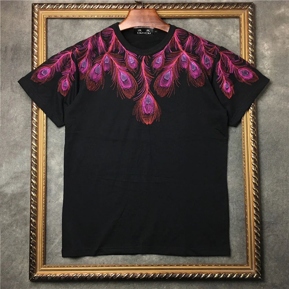 DUYOU павлиньими перьями футболка с вышивкой модные летние хип хоп повседневные уличные футболки мужские Harajuku топы с короткими рукавами - Цвет: Фиолетовый