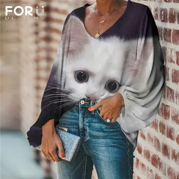 

FORUDESIGNS Kawaii Animal Cat Pattern Summer Women Blouse Fashion Loose Full Sleeve Female Brand Clothing Plus Size Girls Shirts