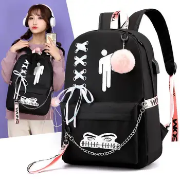 

USB Billie Eilish Backpack For Teenager Boys Girls Children School Bags Rapper Mochilas Mujer Student Backpack With Ribbons