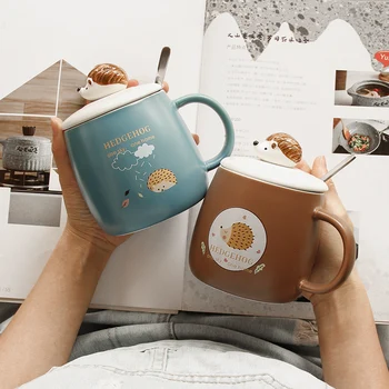 

Creative Cute Coffee Mug Ceramics Cartoon Milk Mug with Spoon Personalised Esspresso Cup Office Tazas Drinkware Kitchen DA60MK