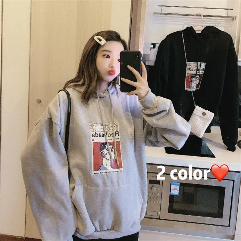

Women's Sweatshirts Harajuku Thick Ulzzang Ins Chic Portrait Print Sweatshirt Female Vintage Kawaii Cute Jumper For Women Fleece