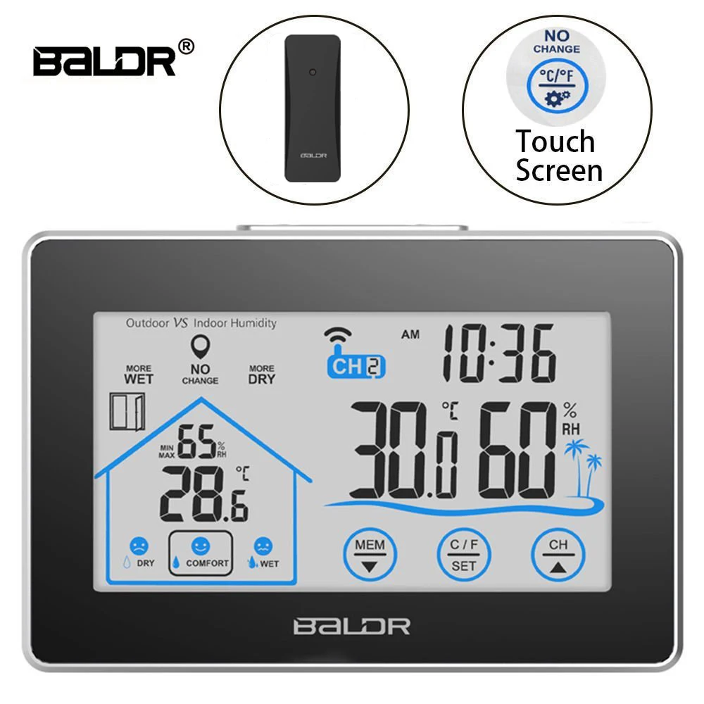 Baldr estação meteorológica sem fio tela sensível ao toque termômetro higrômetro indoor outdoor previsão sensor calendário 3 ch