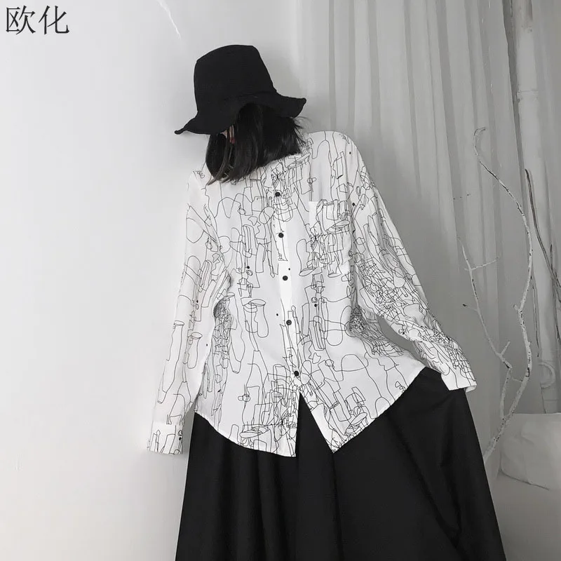 Белая блузка, рубашка размера плюс 4XL 5XL 6XL, Женская винтажная рубашка с абстрактным принтом и отворотом, свободная рубашка с длинным рукавом летучая мышь, летние блузки