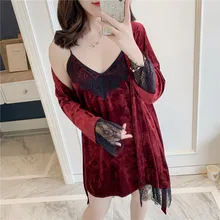 Осень золото бархат женский халат набор черный кружево Сексуальная одежда для сна согреться Спагетти ремень костюм с кардиганом Пижама