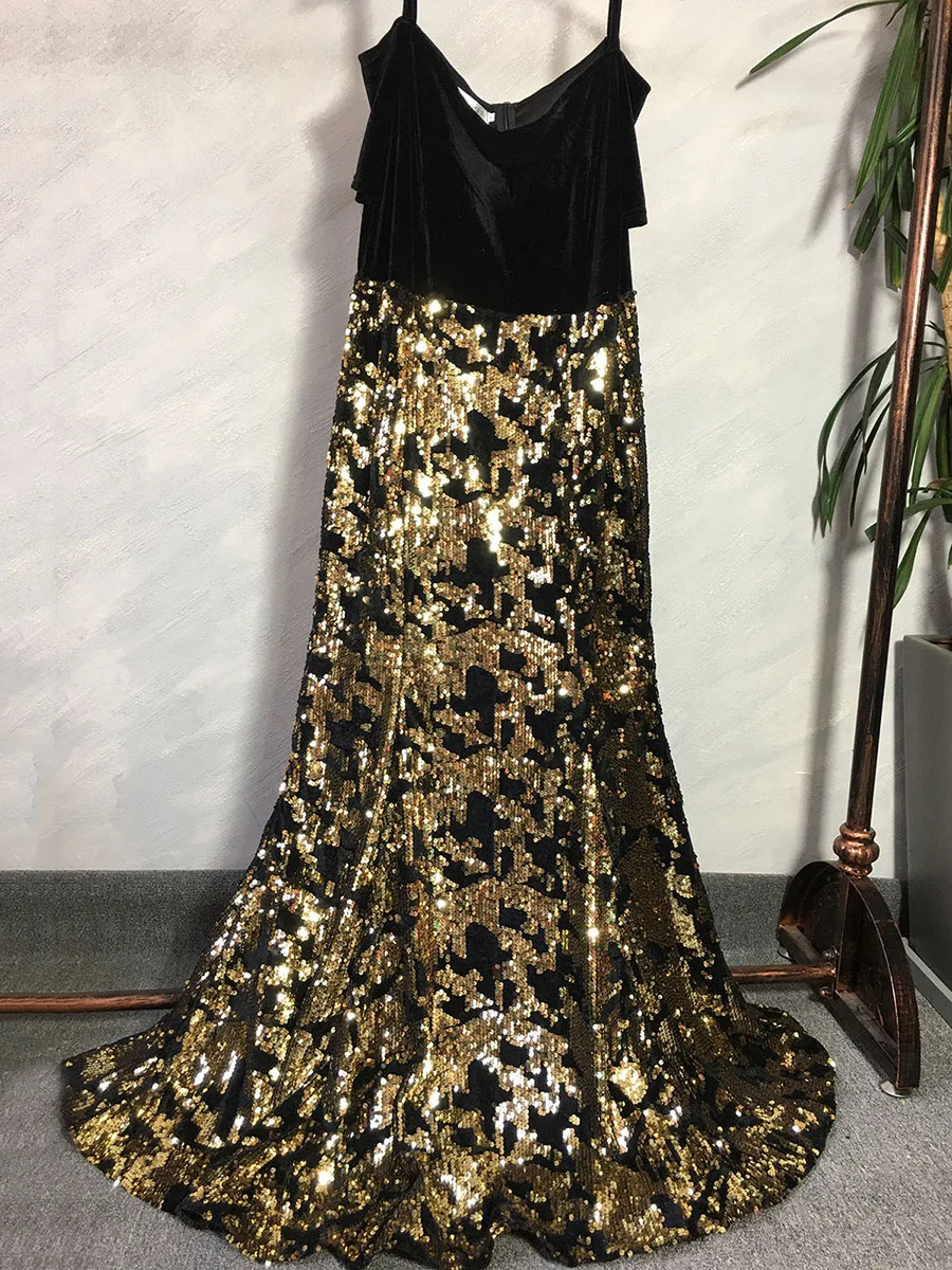 Vintage Patchwork Floor-Length Velvet Long Dress Elegant Women Plus Size XXL Ladies Bodycon Evening Mermaid Sequins Dresses Fall evening wear