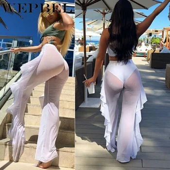 

Weppel Women Sexy Pants Night Club Wear Solid Color Ruffles Trousers Mesh Perspective Pants