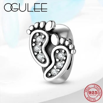 

Authentic 925 Sterling Silver Baby footprint Clear CZ Spacer Stopper Beads Jewelry Making fits Original Women Charm Bracelets