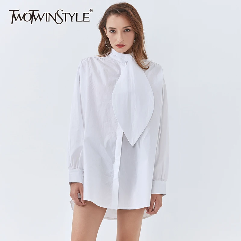 

TWOTWINSTYLE Patchwork Casual White Shirt For Women Stand Collar Long Sleeve Loose Blouse Female 2020 Autumn Fashion New Clothes