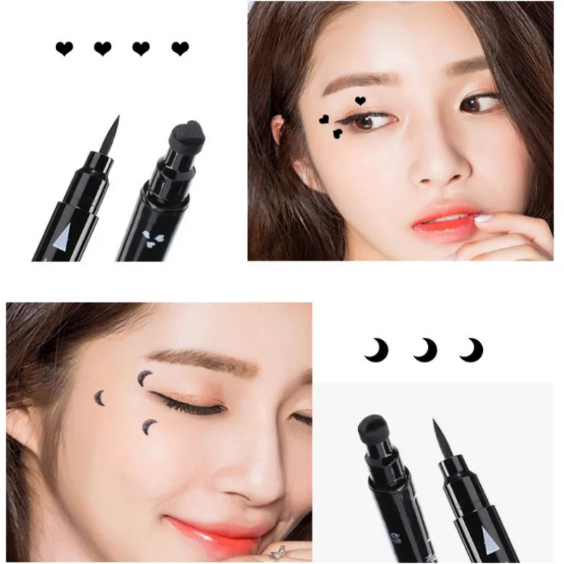 Double tête lune étoile coeur fleur liquide Eyeliner stylo noir timbre maquillage joint Eyeliner crayon étanche cosmétique_voghion.com