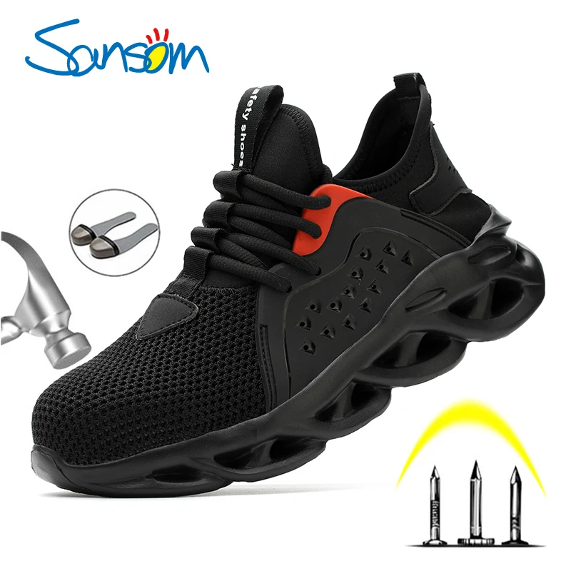 

SANSOM Work Safety Shoes For Men Summer Breathable Boots Working Steel Toe Anti-Smashing Construction Safety Work Sneakers