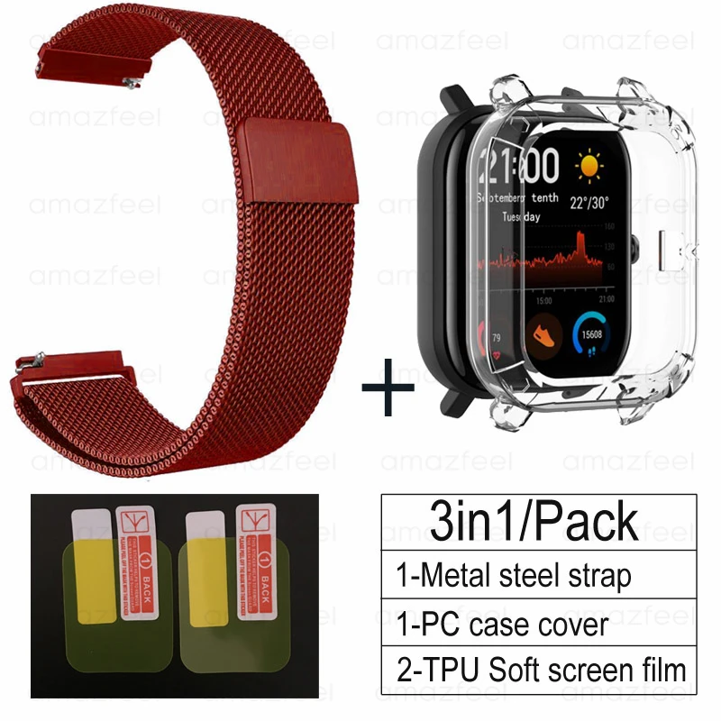 red-Transparen 3в1 наручный ремешок для Amazfit GTS чехол TPU металлический Миланский Браслет для Huami Amazfit gts ремешок для экрана Защитная пленка - Цвет: red-Transparen