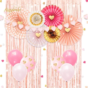 

NICROLANDEE Rose Gold Tinsel Fringe Curtain Party Balloon Paper Fans Set for Bridal Shower Wedding Engagement Love Party Favors