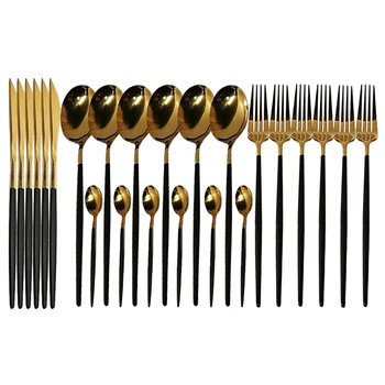 

24Pcs/set 18/10 Stainless Steel Dinner Black Gold Dinnerware Set Knife Fork Spoon Cutlery Set Kitchen Tableware Silverware Sets