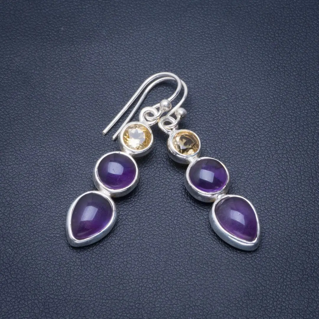 Натуральный аметист и цитрин ручной работы уникальный 925 пробы серебряные серьги 1,7" B2217