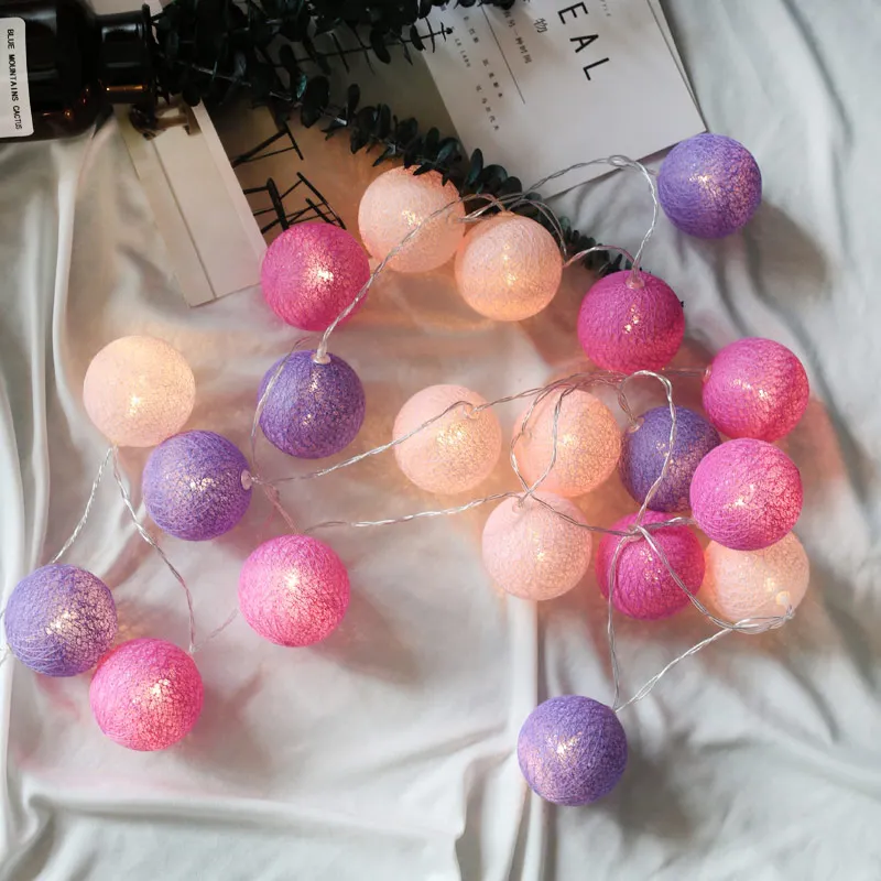 Pink Purple Светильник на цепочке из хлопковых шаров, рождественские украшения для дома, наружный светильник, s гирлянда, светодиодный, блестящий, Chanukah, салонный, новогодний - Испускаемый цвет: Pink Purple