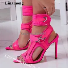 Linamong/милые босоножки-гладиаторы на шпильке с металлическими пряжками; цвет розовый, красный; босоножки на высоком каблуке с открытым носком и ремешком на щиколотке; модельные туфли на каблуке