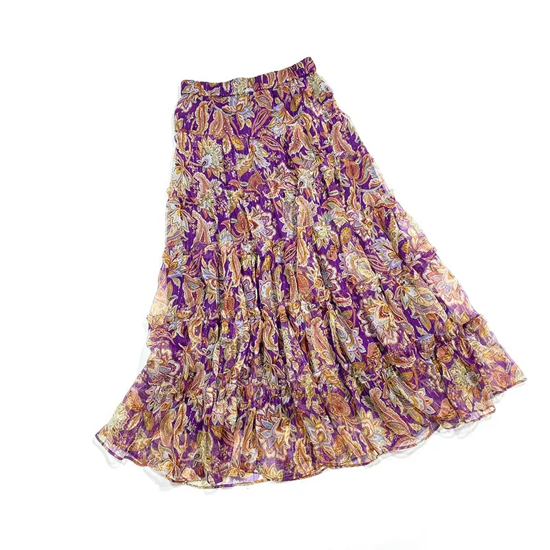 

Top Quality Runway Fashion Women Clothes 2020 Autumn Newest Layers Ruffles Patchwork Elastic Waist Elegant Silk Purple Skirt