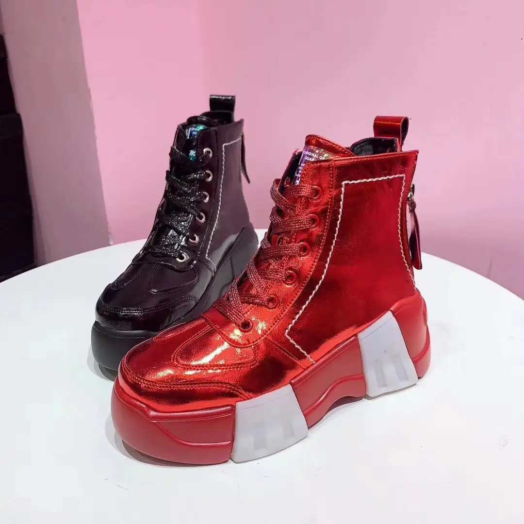 

Fujin Women Ankle Boots Patent Leather High Top Sneakers Platform Heel High Top Booties Sneakers Lace Up Zip Shoes for Ladies