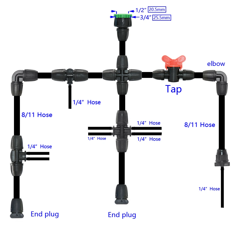 Garden 3/8" To 1/4" Hose Connector 8/11 To 4/7mm Barbed Lock Tee Elbow End Plugs Reducing Pipe Adapter Irrigator Fitting