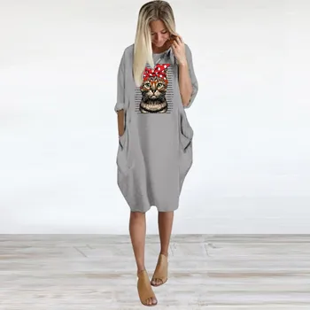 

Plus Size Dress Casual Dress Women Summer Long Sleeve Printed Cat Short Mini Dress Summer Clothes For Women Sukienki Damskie