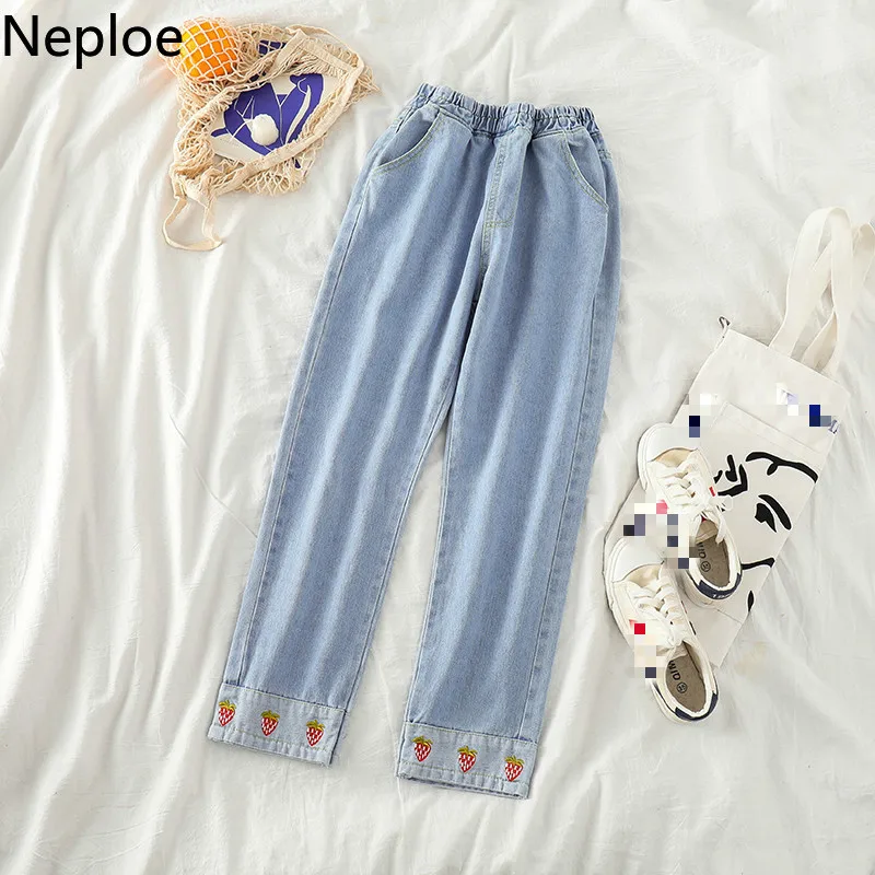 Neploe Korean Loose Casual Wide Leg Jeans Female Strawberry Embroidery Design High Waist Trousers Wild Sping Autumn Pants