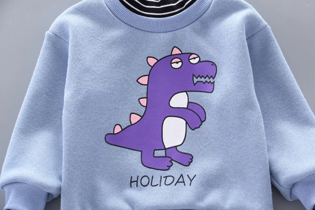 Детская зимняя одежда для маленьких мальчиков и девочек, свитер в полоску с длинными рукавами и рисунком динозавра из мультфильма, комплекты со штанами, осенний комплект одежды