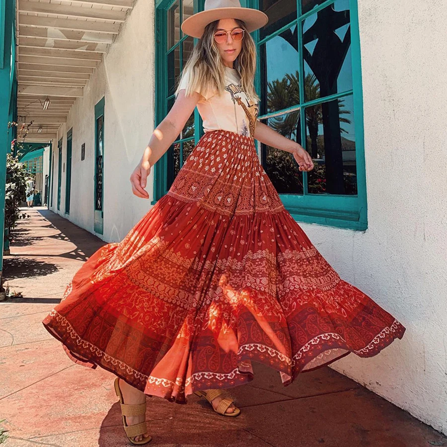

TEELYNN boho maxi skirts 2019 Autumn rayon red floral print A-line long sunskirt for women Elastic waist long Gypsy skirt falda