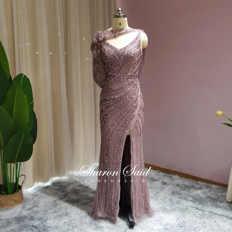 rose gold prom dress Luxury Silver Mermaid Dubai Evening Dress with Cape 2022 Heavy Beaded Side Slit Prom Dresses for Women Wedding Party Formal Gown burgundy prom dresses