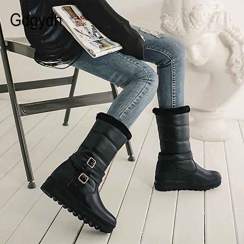 Gdgydh/Утепленные плюшевые зимние ботинки; женские уличные модные ботинки с пряжкой для девочек; зимняя теплая обувь; обувь на танкетке из искусственной кожи пу размера плюс