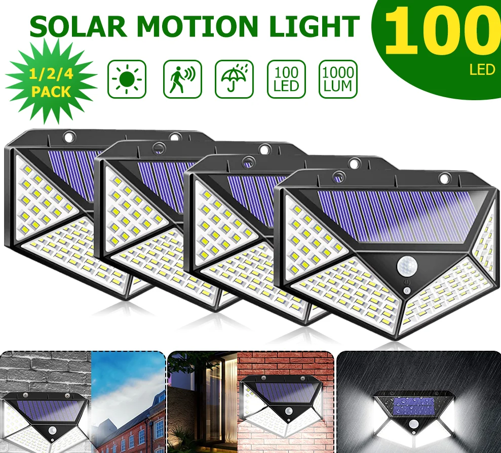 

100 LED Light Four-Sided Solar Light 3 Modes 270 Degree Angle Motion Sensor Wall Lamp Outdoor Waterproof Garden Lamps