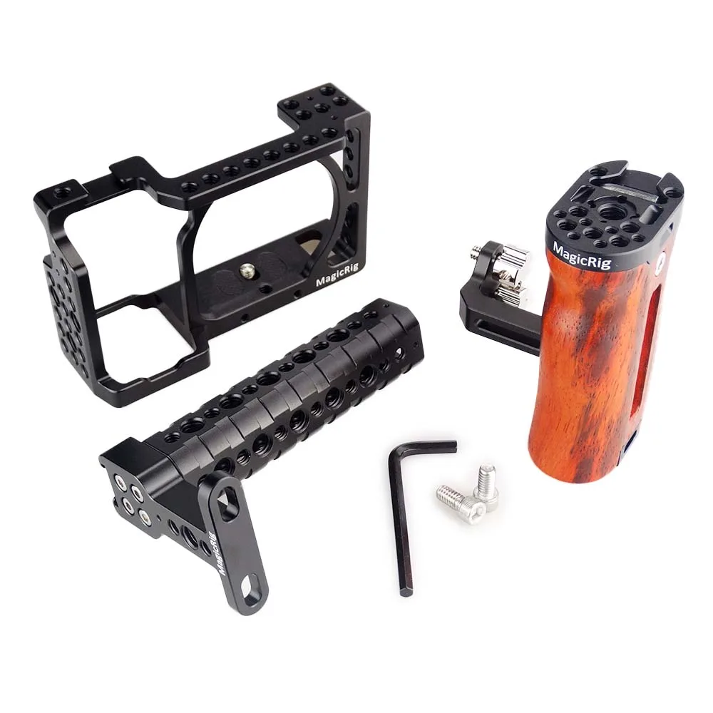 MAGICRIG Camera Cage withTop Handle Grip and Wooden Handle Grip to Protective Dslr Camera Rig for A6400/A6000/A6300/A6500 Camera
