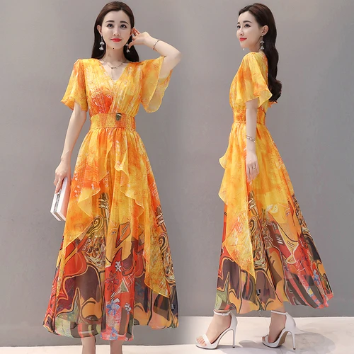 

Spring Fashion Printed Chiffon Women Dress 2019 New Style Summer V-neck And Short Sleeve Work Wear Female Temperament Dresses