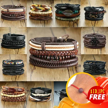 

Vnox Assorted Men's Bracelets Set 4pcs Mixed Leather Wrap Bracelet Black Brown Bangles Punk Male Rock Accessory