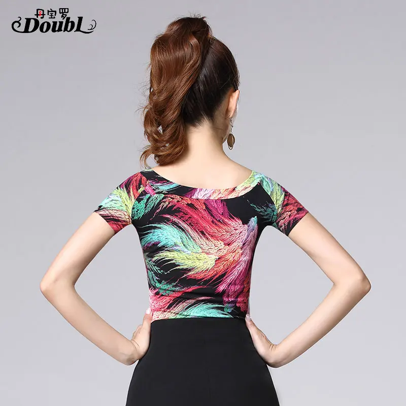 DOUBL 2020 New Vogue Women's Latin Dancing Tops Wear Printing Female Adults Ballroom Dance Short Sleeve Standard Practice Rumba