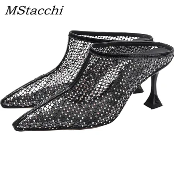 

MStacchi Sexy Mesh Wine Glass Hihg Heels Pumps Women Rhinestone Half-drag Hollow Out Socks Shoes Woman Night Club Flash Shoes