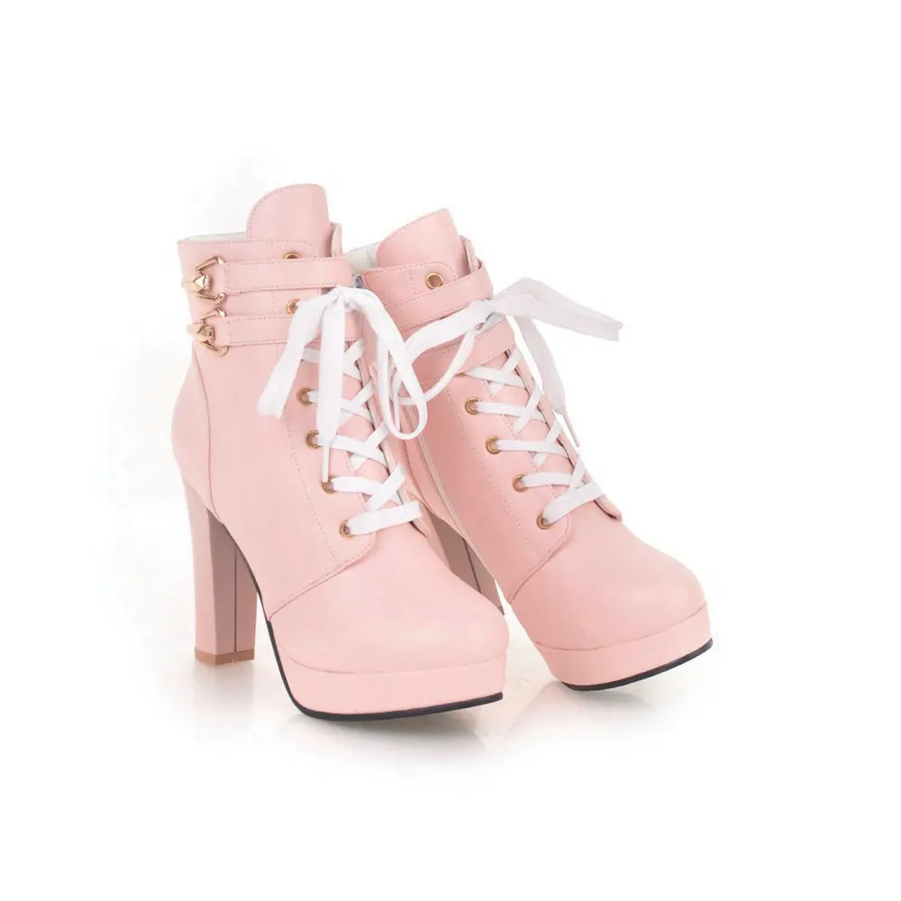 Pink White Black JK Uniform Womens Chunky Platform Ankle Boots Lolita Super High Heel Lace Up Boots Sweet Lace Side Zipper Shoes