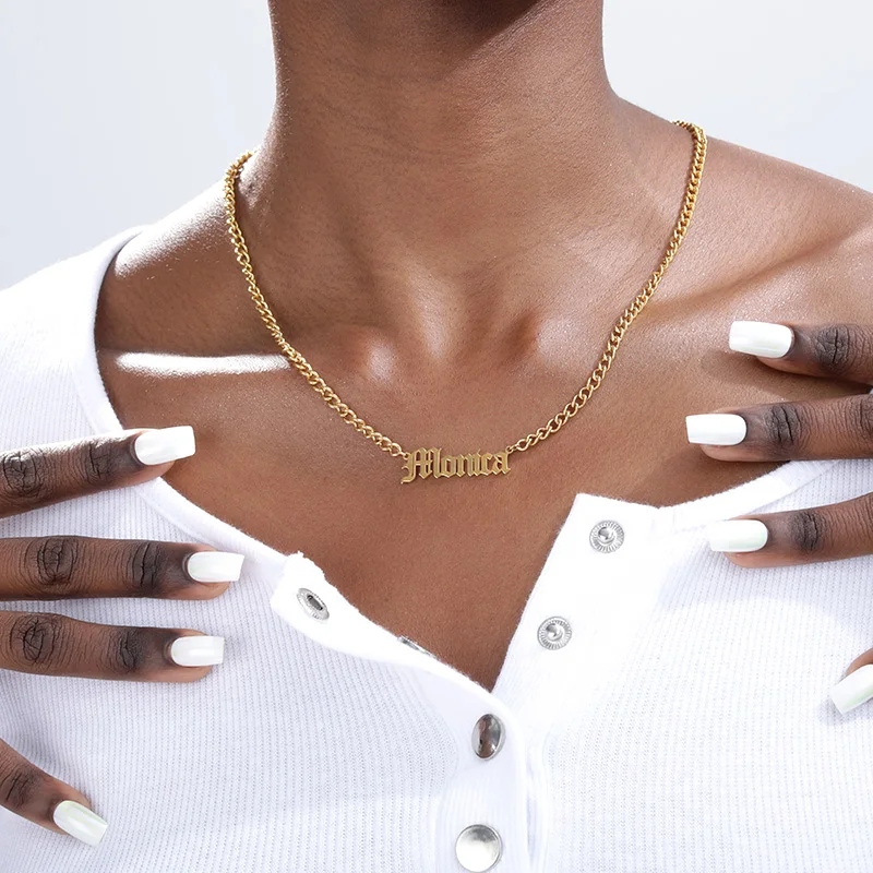 Custom Gothic Old English Nameplate Necklace For Women Stainless Steel Gold Chain Choker Necklaces Men Boho Pretty Jewelry Gift
