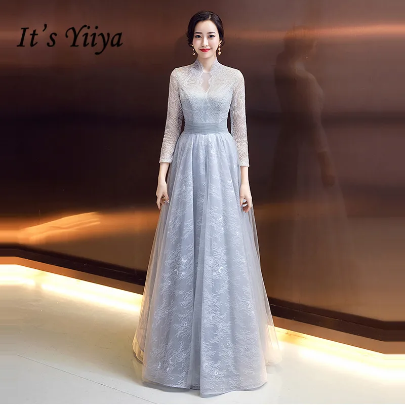 

It's YiiYa Evening Dress 2019 Gray Lace Hight Neck Women Party Night Dresses Elegant Zipper Plus Size Robe de Soiree E505